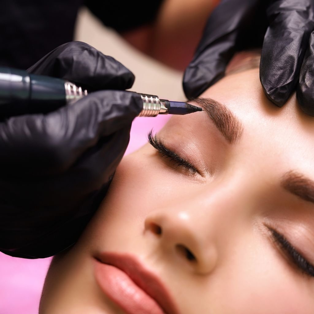 A woman receiving eyebrow restoration treatment.