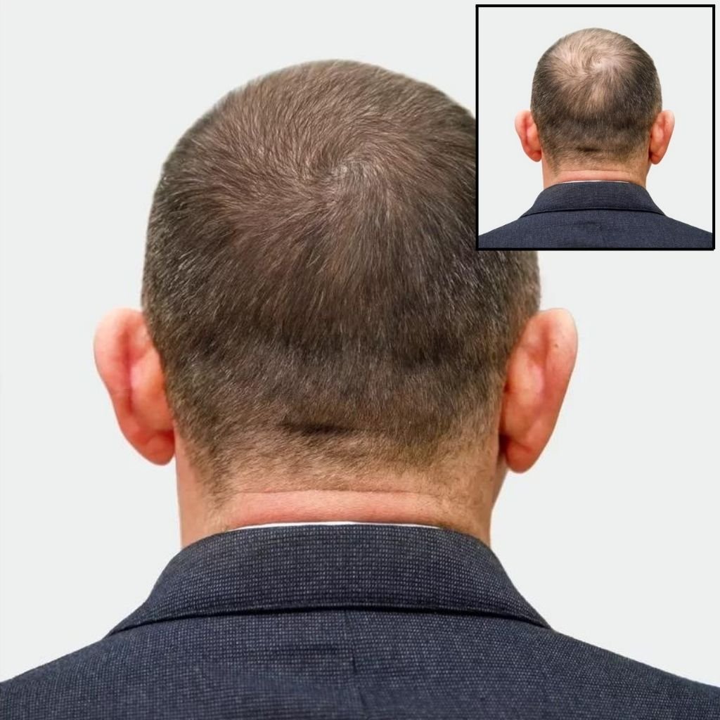 A before and after of male pattern baldness.