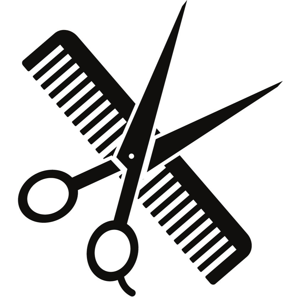 A crossed pair of scissors and a comb